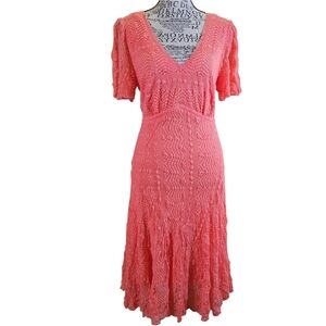 Elegant Coral Lace Midi Dress